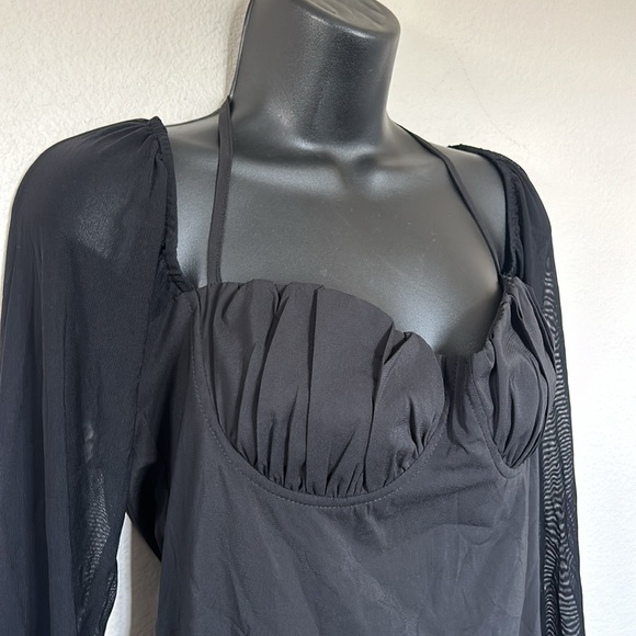 Princess Polly Dyer Black Long Sheer Sleeve Tie Neck Mini Dress - Picture 8 of 13